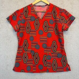 Divine Stretch Scrub Top Stretch V-Neck Red Geometric Tribal Print Size S